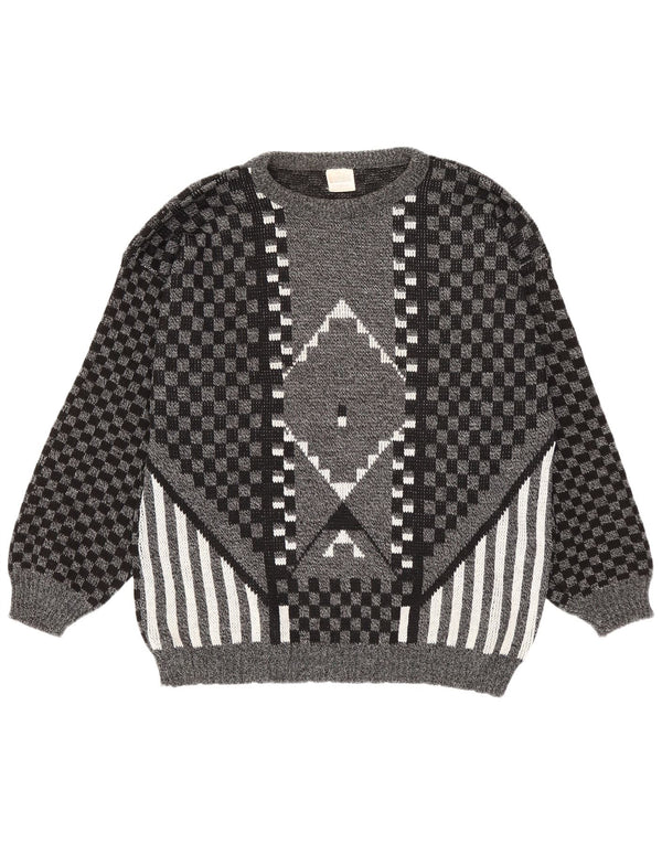 Maglione vintage da uomo con scollo a V, grande acrilico geometrico grigio