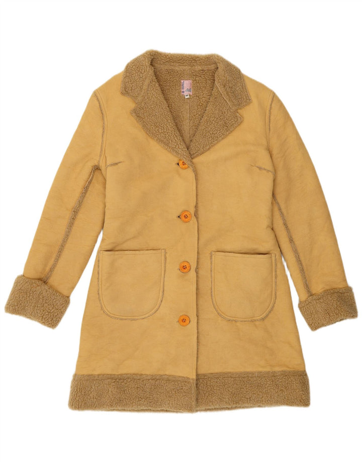 VINTAGE Womens Sherpa Overcoat UK 14 Medium Beige Polyester
