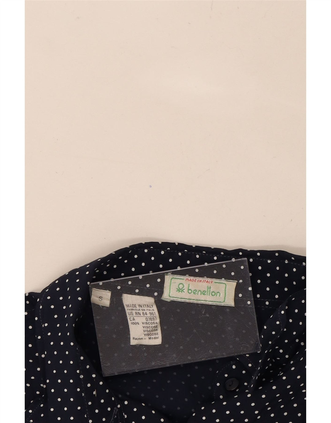 BENETTON Womens Oversized Shirt UK 10 Small Navy Blue Spotted Viscose Vintage Benetton and Second-Hand Benetton from Messina Hembry 