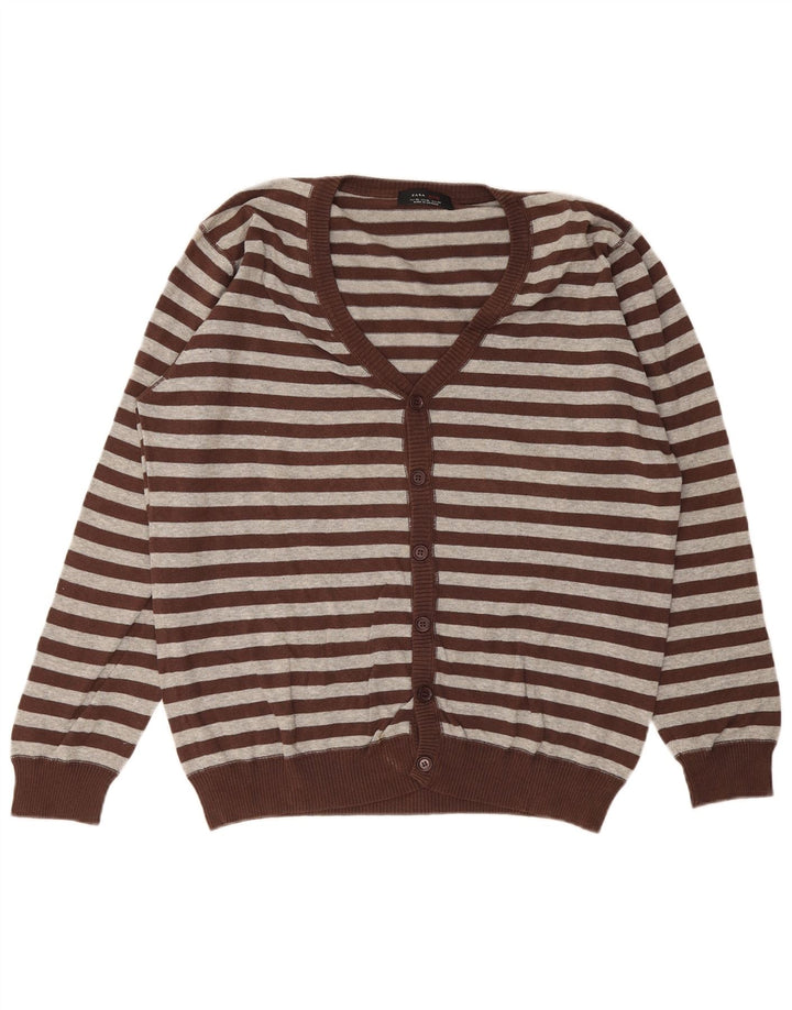 ZARA Maglione Cardigan da Uomo XL in Cotone a Righe Marrone