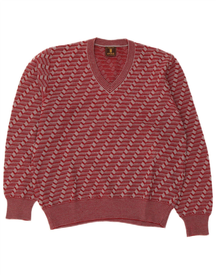Maglione maglione vintage da donna con scollo a V UK 8 piccolo rosso geometrico