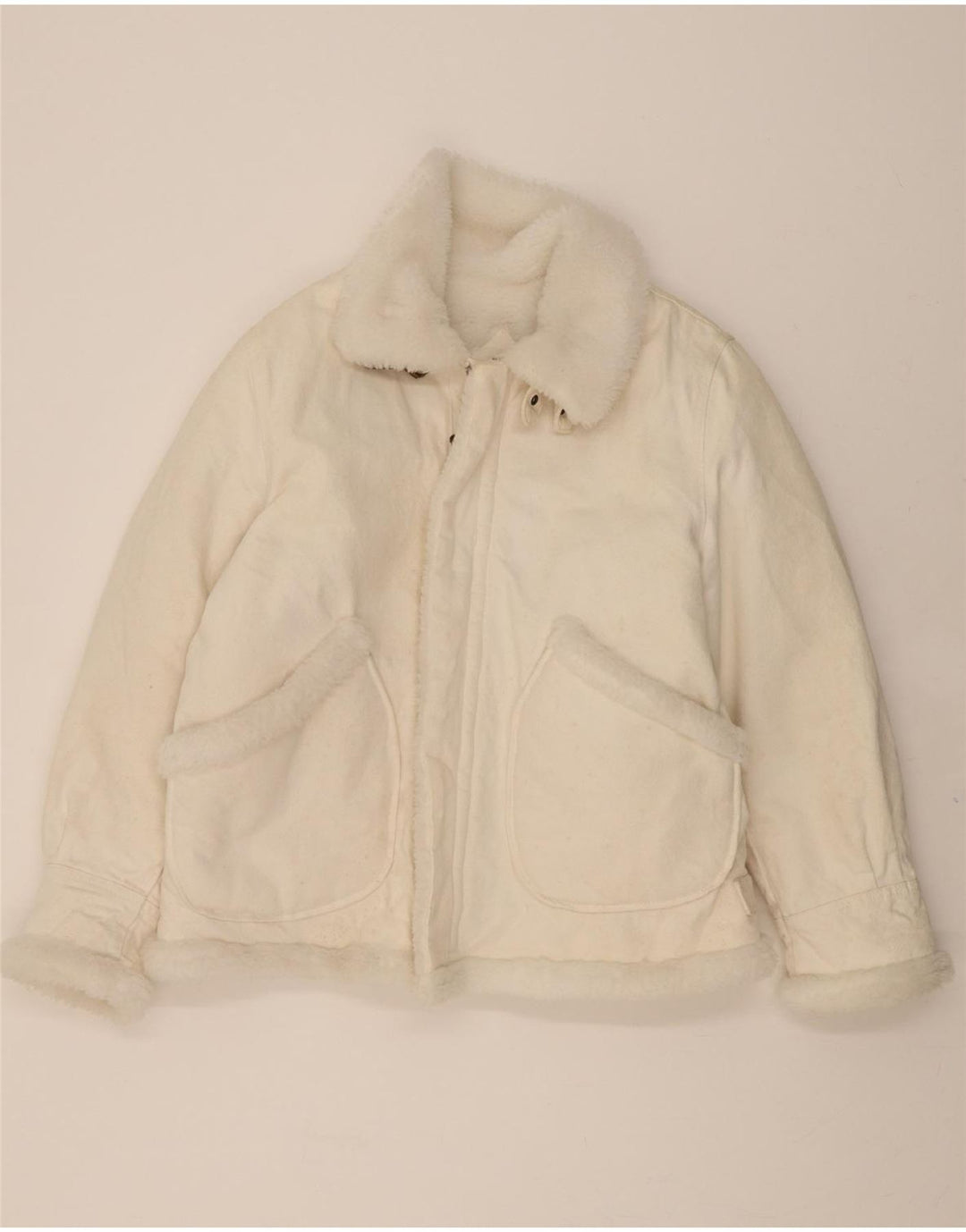 Giacca da uomo in denim sherpa VINTAGE UK 40 grande cotone bianco