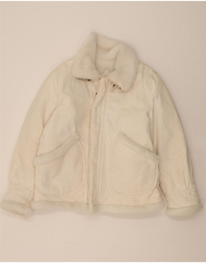 Giacca da uomo in denim sherpa VINTAGE UK 40 grande cotone bianco