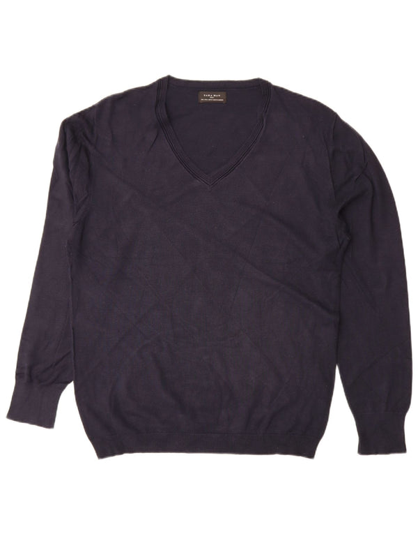 Maglione Zara da uomo con scollo a V grande in viscosa blu navy