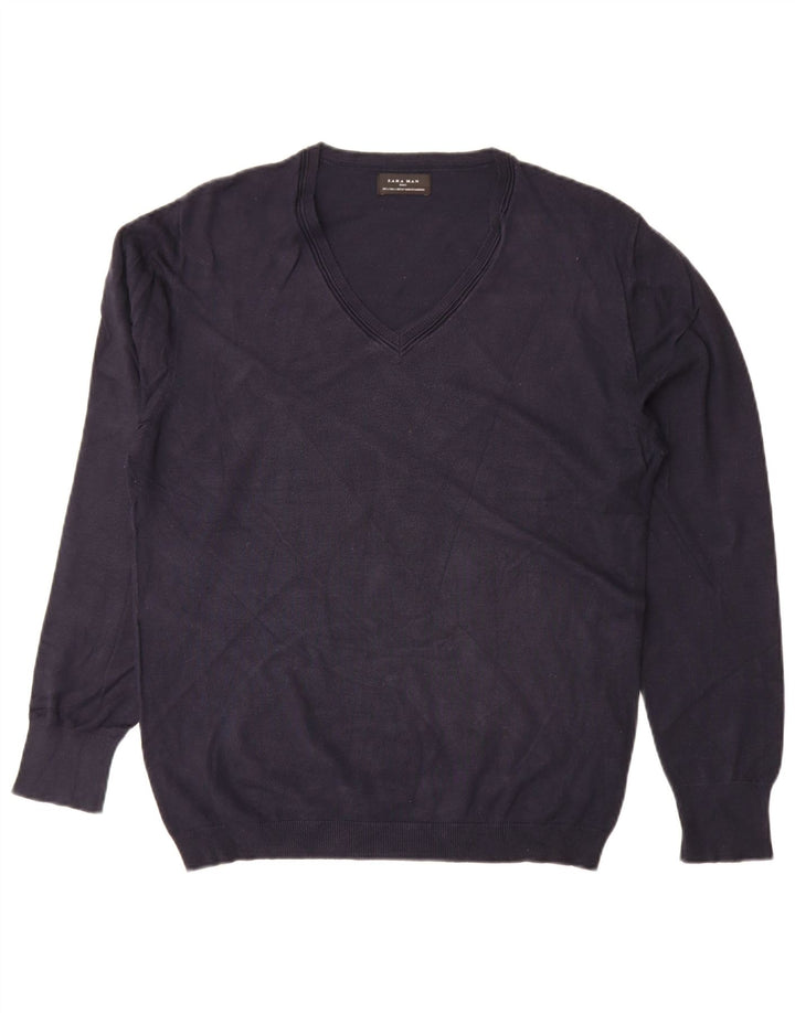 Maglione Zara da uomo con scollo a V grande in viscosa blu navy
