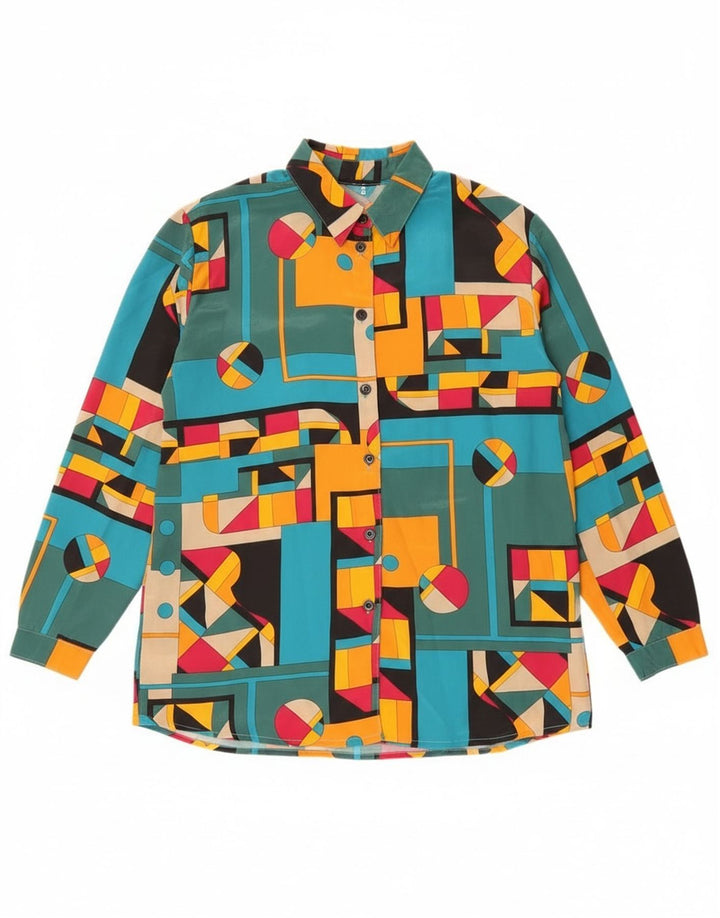 Camicetta camicia vintage da donna UK 14 grande geometrica multicolore