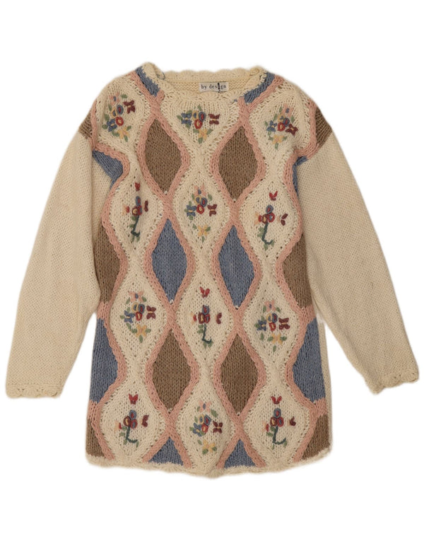 Maglione maglione vintage da donna con scollo a barca UK 10 piccolo bianco sporco geometrico