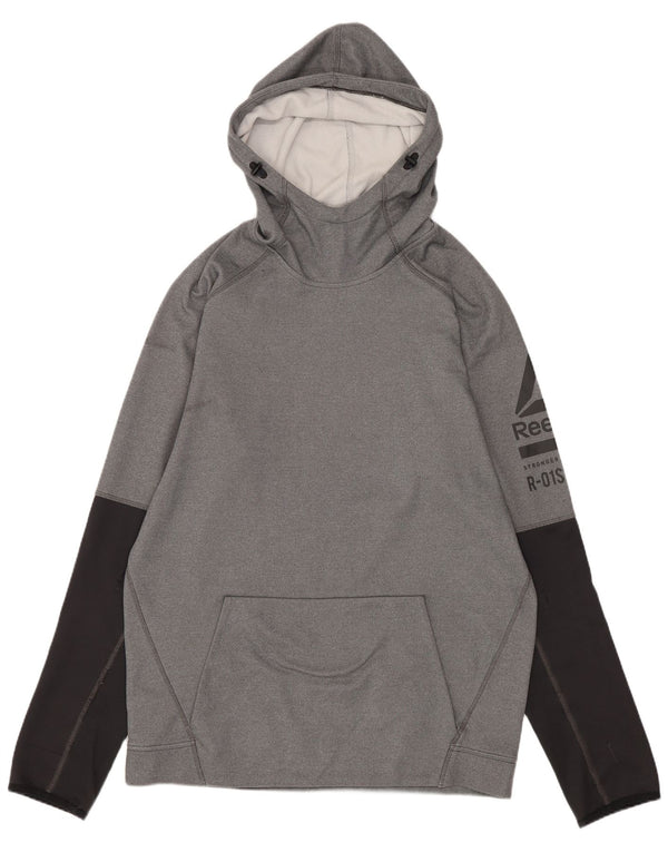 Felpa con cappuccio grafica da uomo Reebok, maglione sportivo in poliestere color block grigio medio