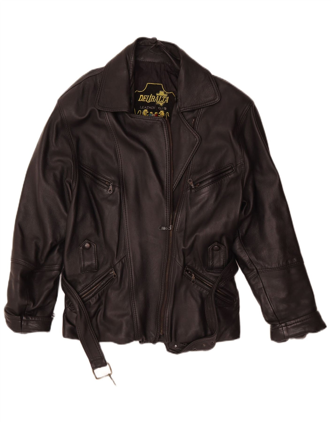 Giacca da motociclista in pelle da donna vintage UK 14 Pelle nera media