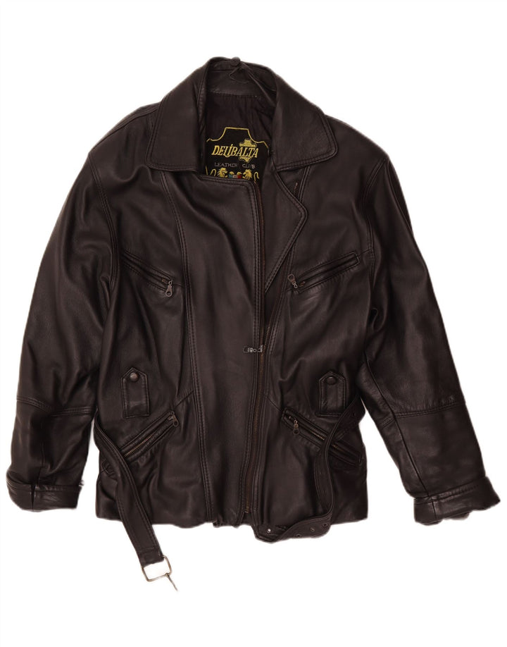 Giacca da motociclista in pelle da donna vintage UK 14 Pelle nera media