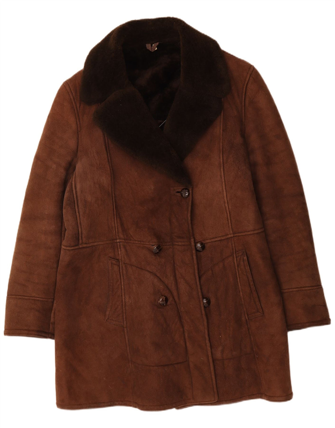 Cappotto doppiopetto in shearling vintage da donna IT 54 3XL in pelle marrone