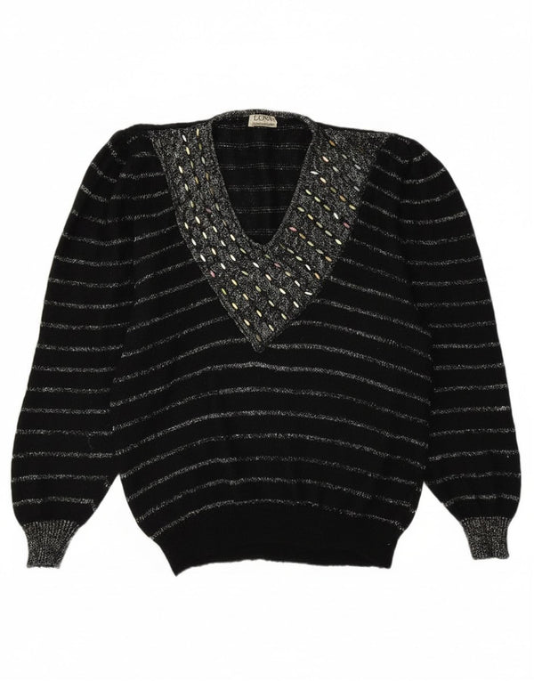 Maglione da donna con scollo a V Bramante UK 16 Mohair a righe nere grandi