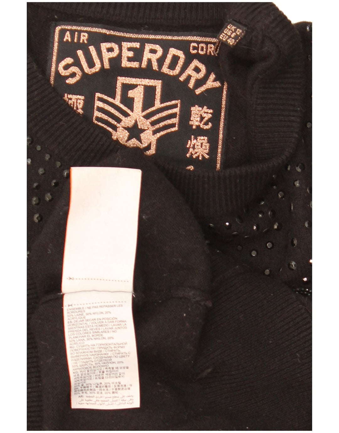 Maglione da donna con scollo a barca con grafica Superdry UK 12 lana nera media