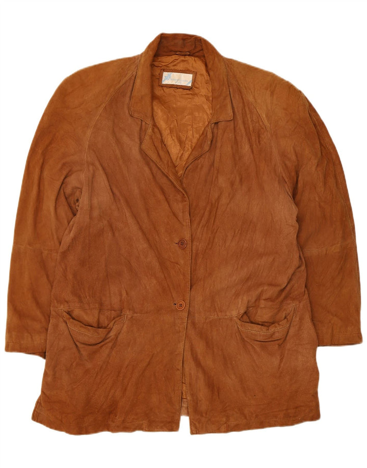 Giacca blazer vintage da donna in pelle scamosciata a 2 bottoni UK 12 in pelle beige media