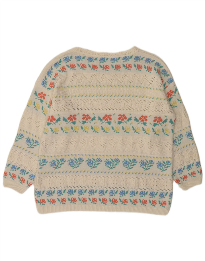 Maglione da donna VINTAGE con scollo a barca IT 46 Grande acrilico floreale bianco