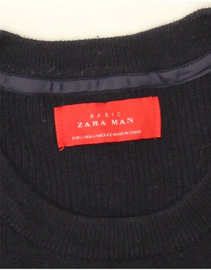 Maglione maglione girocollo da uomo Zara grande in cotone blu navy