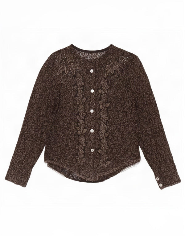 Camicetta vintage in pizzo da donna UK 12 marrone medio floreale