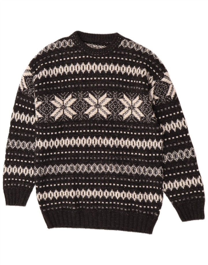 Maglione maglione girocollo vintage da uomo grande nero Fair Isle
