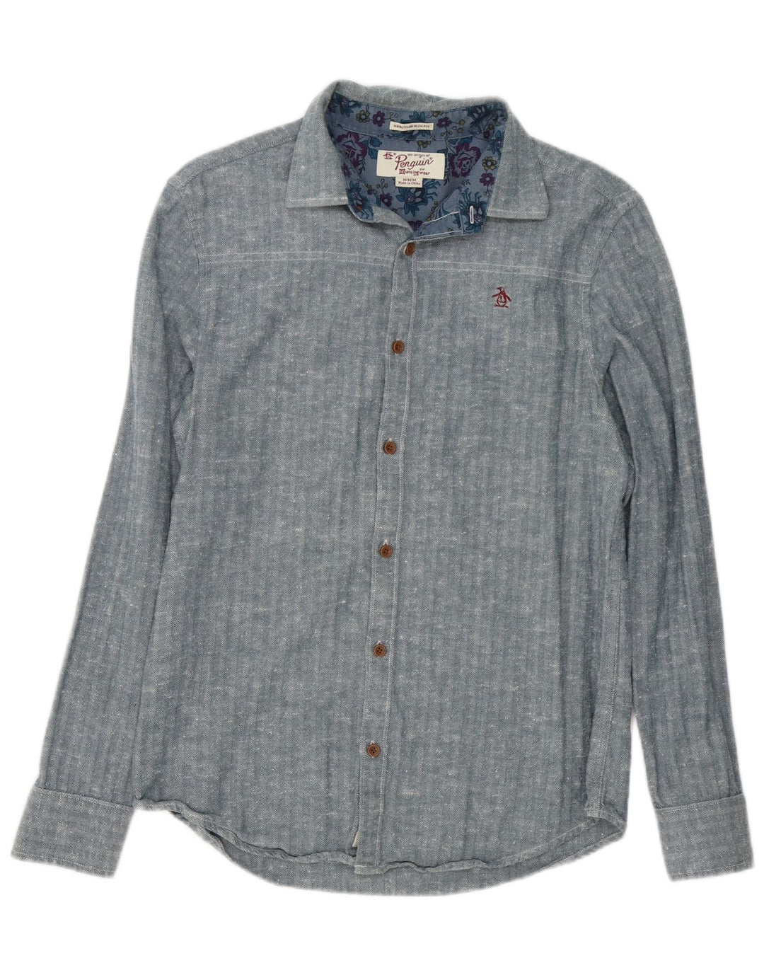 Camicia Penguin Heritage da uomo slim fit in cotone a spina di pesce blu medio