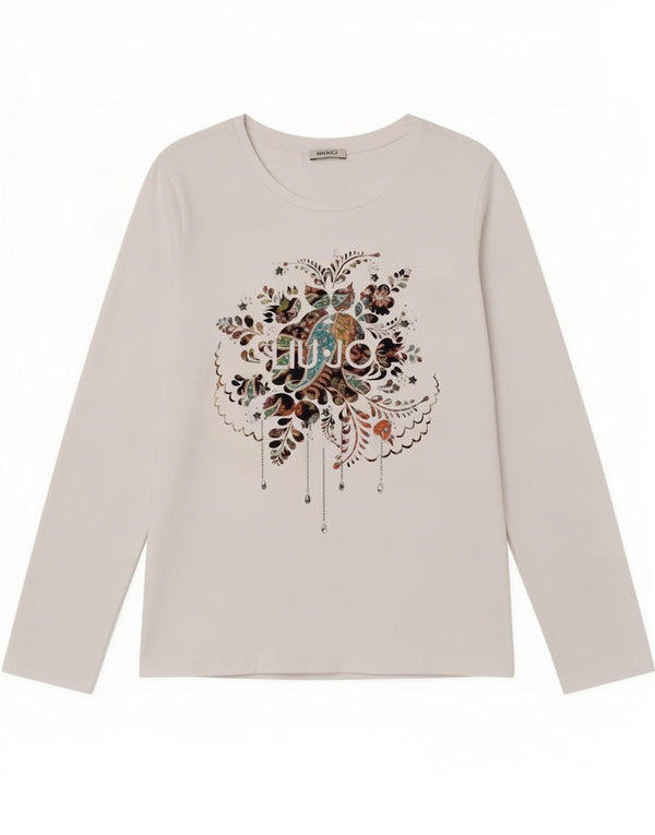 Liu Jo Donna Milano Graphic Top Manica Lunga UK 14 Grande Cotone Bianco