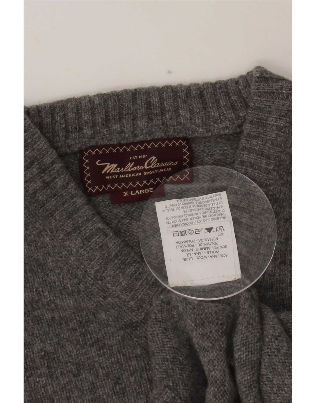 Maglione da donna con scollo a V Marlboro Classics XL in lana grigia