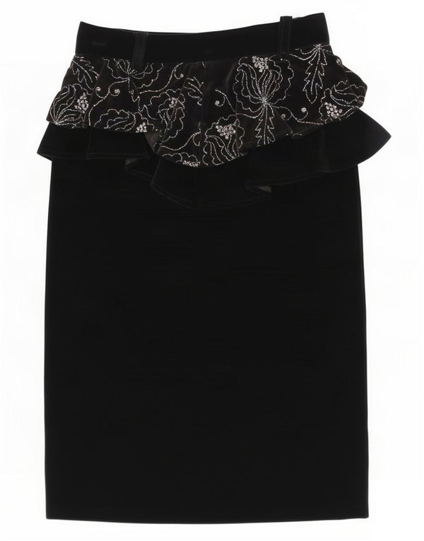 Vintage Womens Velvet Peplum Skirt IT 44 Medium W26 Black Floral Wool