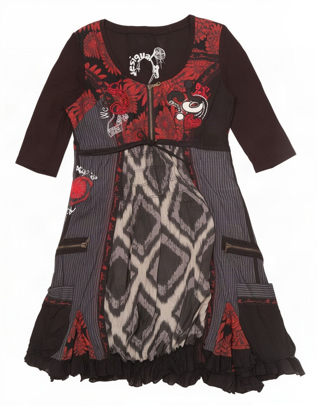 Abito impero da donna Desigual EU 42 grande cotone patchwork nero
