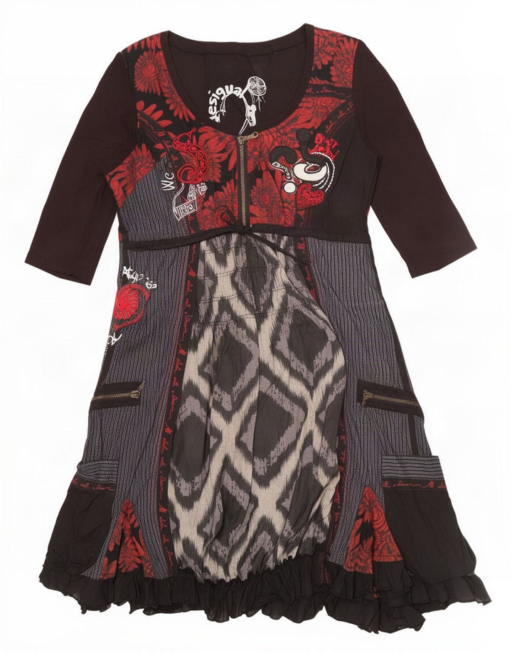 Abito impero da donna Desigual EU 42 grande cotone patchwork nero