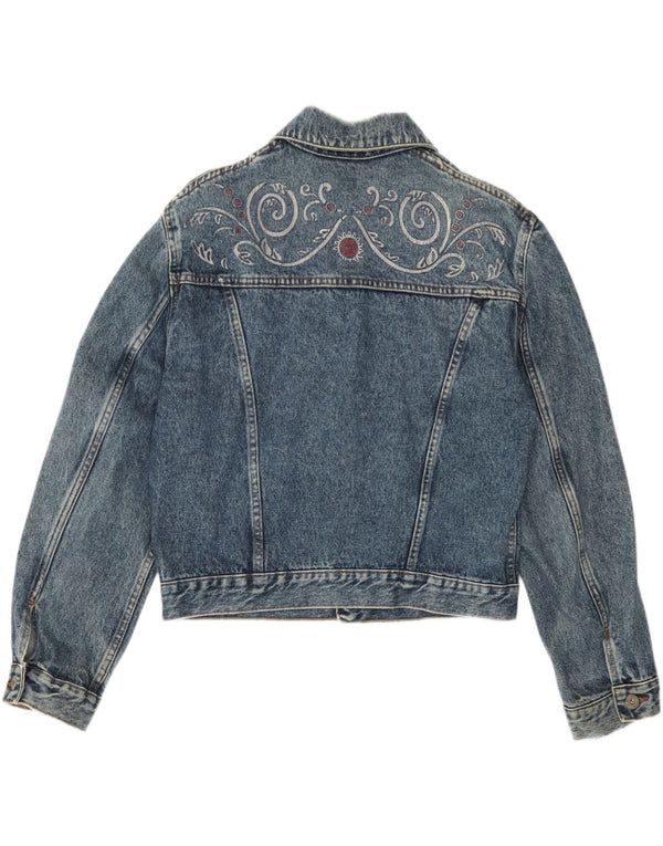 Giacca di jeans corta da donna vintage UK 14 grande blu Paisley