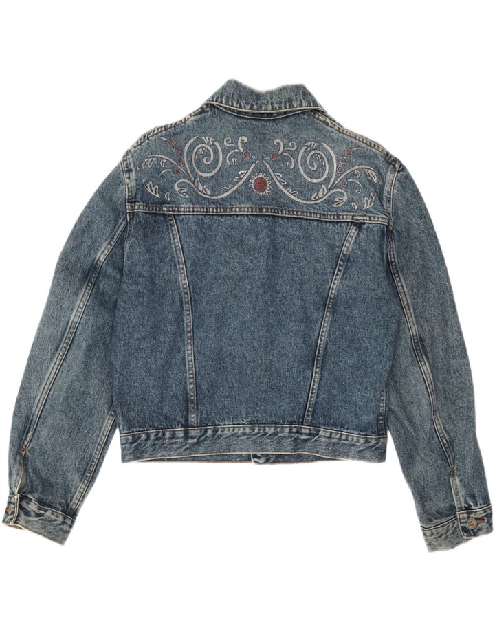 Giacca di jeans corta da donna vintage UK 14 grande blu Paisley