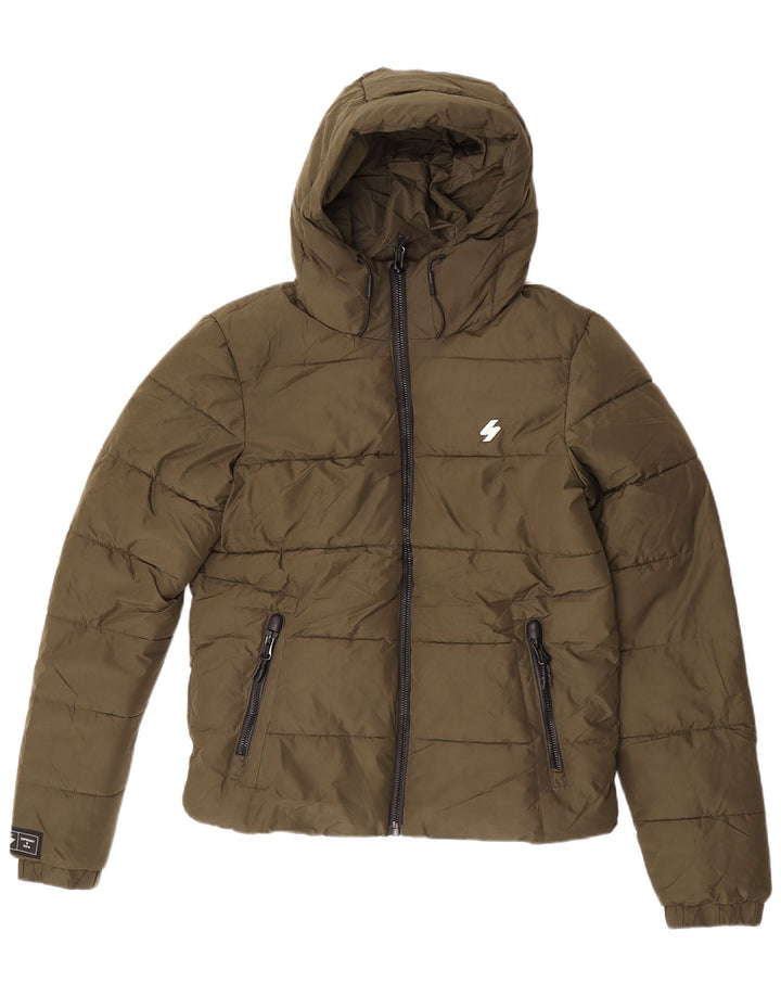 Giacca imbottita con cappuccio da uomo Superdry UK 36 piccola poliestere kaki