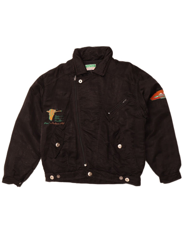 DERNIC Giubbotto bomber grafico da uomo Alaska Base Navale UK 40 Large Nero anni '80