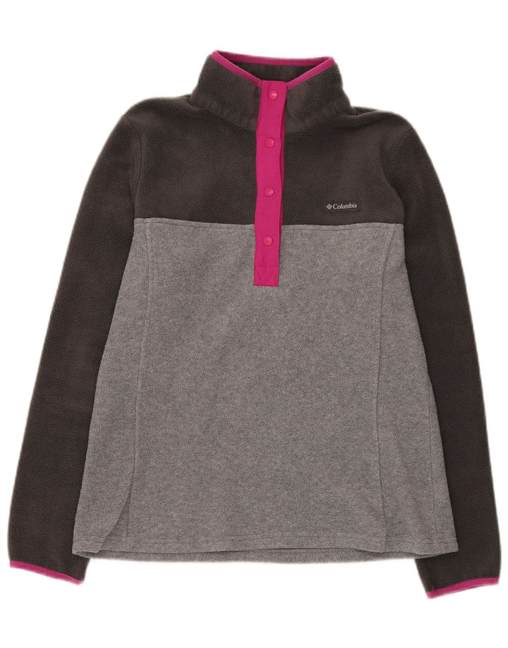 Maglione in pile da donna COLUMBIA con collo a bottoni UK 14 Blocco colore grigio medio