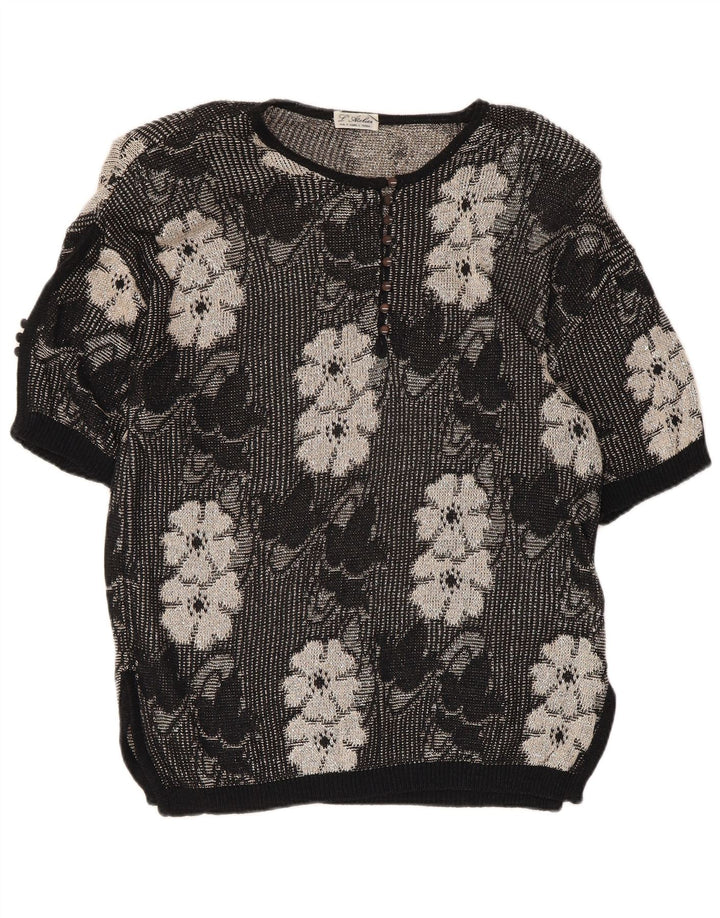 Maglione maglione vintage da donna con collo a bottoni UK 14 medio nero floreale