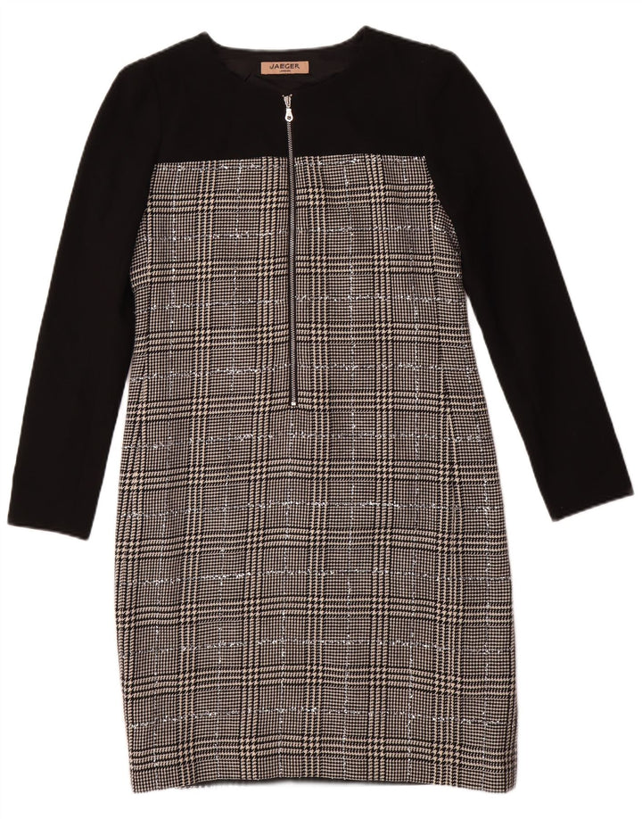 JAEGER Abito tubino a maniche lunghe da donna UK 8 piccolo in lana pied de poule nera