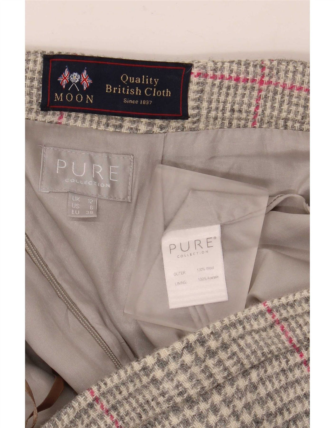 Gonna a tubino da donna pura UK 12 media W30 lana scozzese grigia