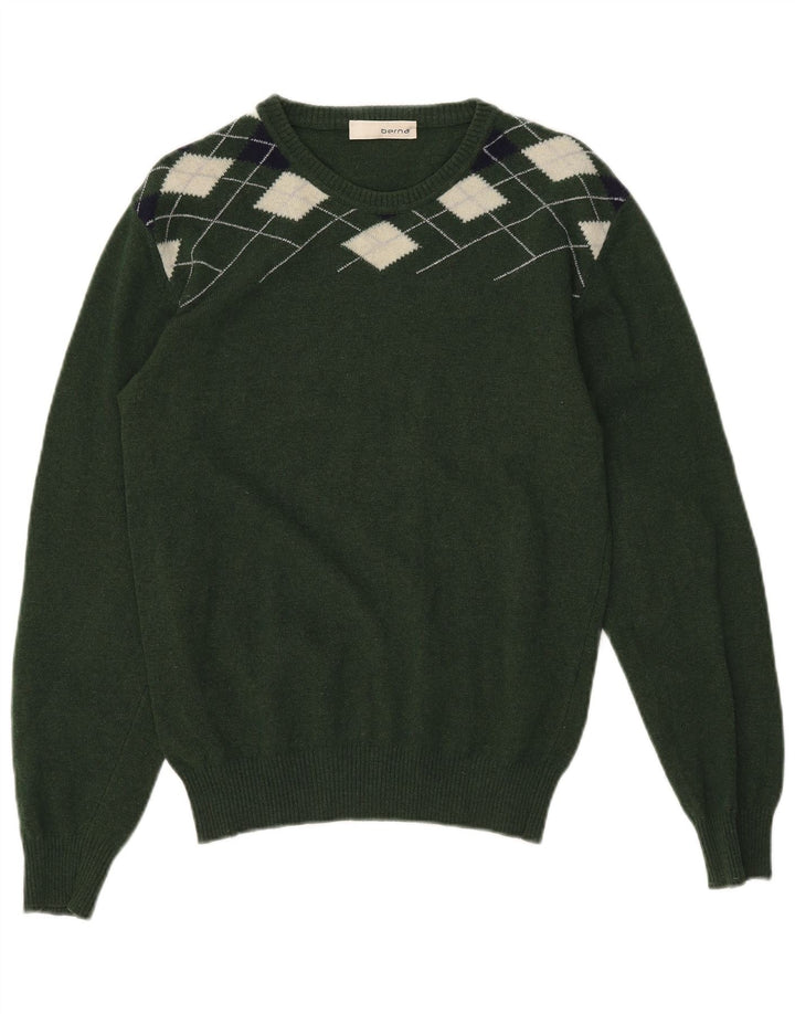 Maglione da uomo Berna con scollo a barca, lana verde medio a rombi/diamante