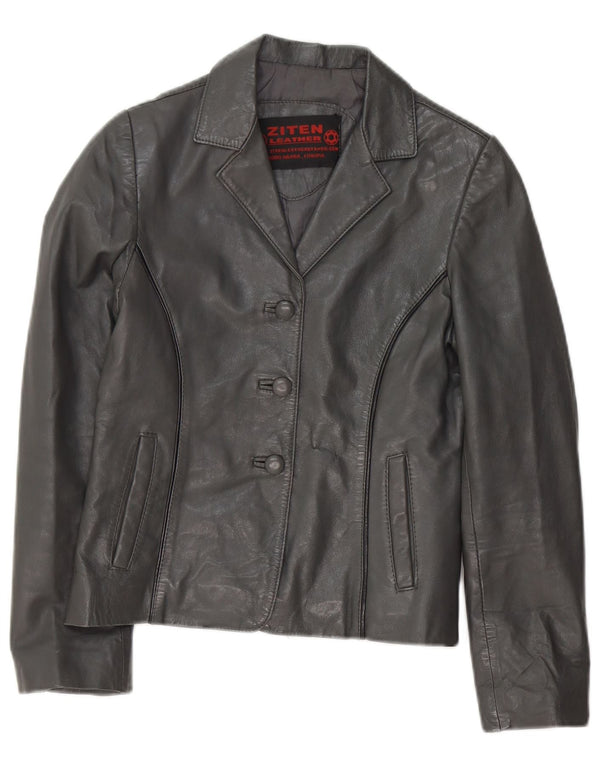 Giacca blazer in pelle vintage corta da donna a 3 bottoni UK 8 piccola pelle grigia