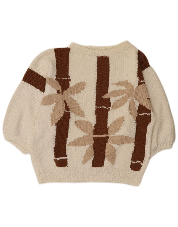 Maglione da donna vintage con scollo a barca con maniche a 3/4 UK 10 Piccolo motivo floreale bianco