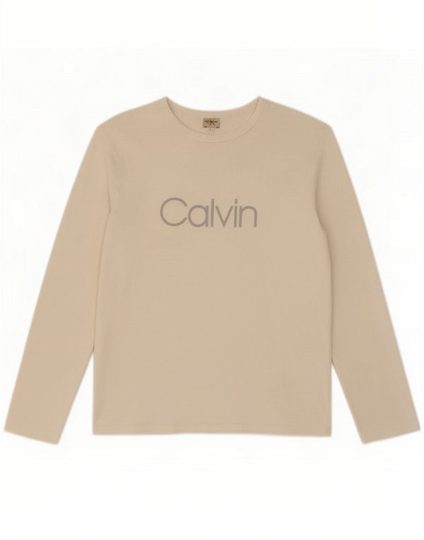 Calvin Klein Jeans Top grafico da donna a maniche lunghe UK 16 Large Bianco Cotone
