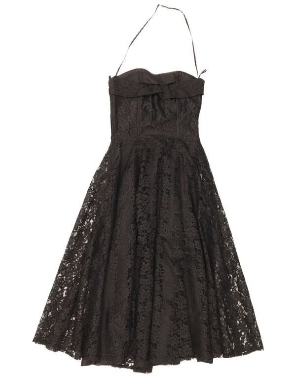 Abito vintage da donna in pizzo con scollo all'americana UK 10 Piccolo nylon floreale nero