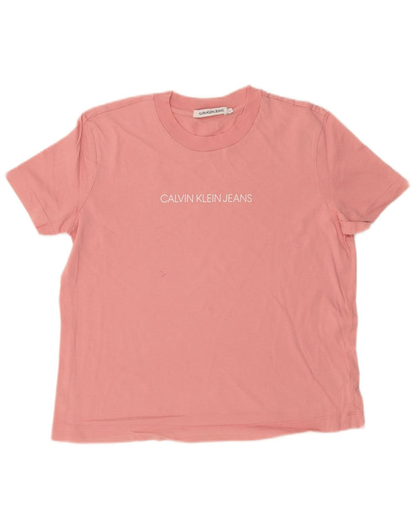 Calvin Klein Jeans T-shirt grafica da donna Top UK 14 Large Rosa Cotone