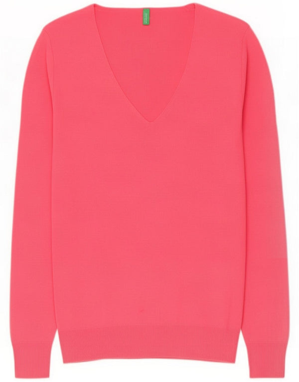 Benetton Maglione da donna con scollo a V UK 14 Large Pink Cotton
