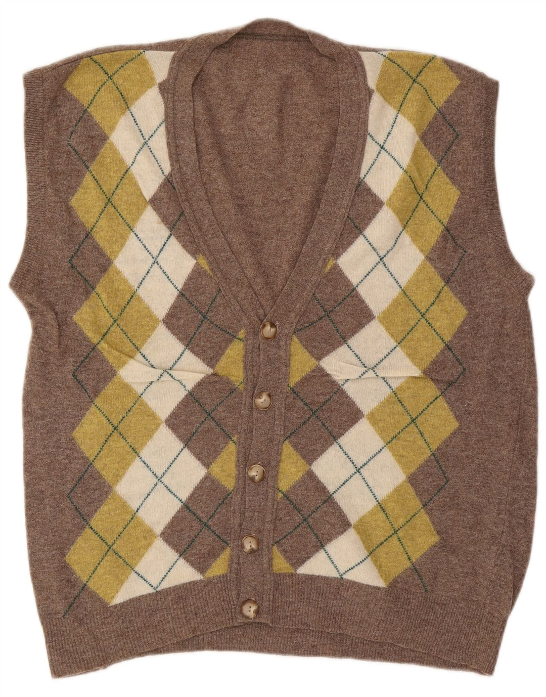 Maglione cardigan senza maniche vintage da uomo grande lana marrone a rombi/diamante