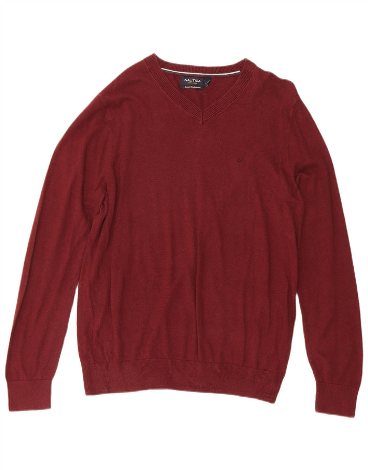 NAUTICA Mens V-Neck Jumper Sweater Medium Burgundy Cotton