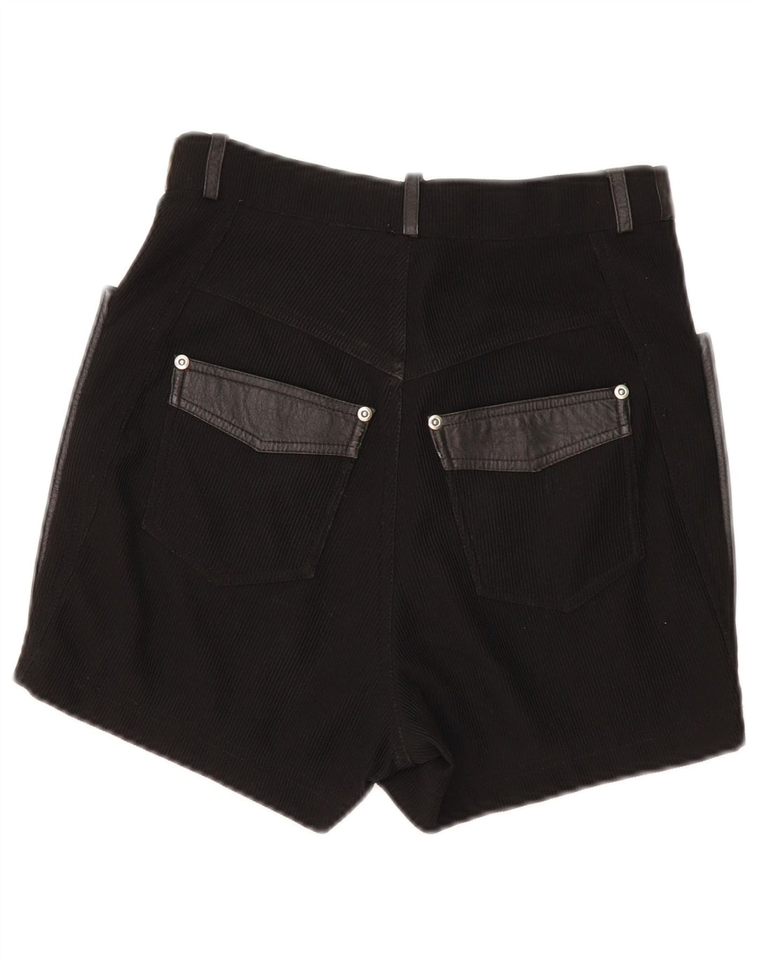 Pantaloncini in pelle vintage da donna UK 10 piccoli W26 in pelle nera