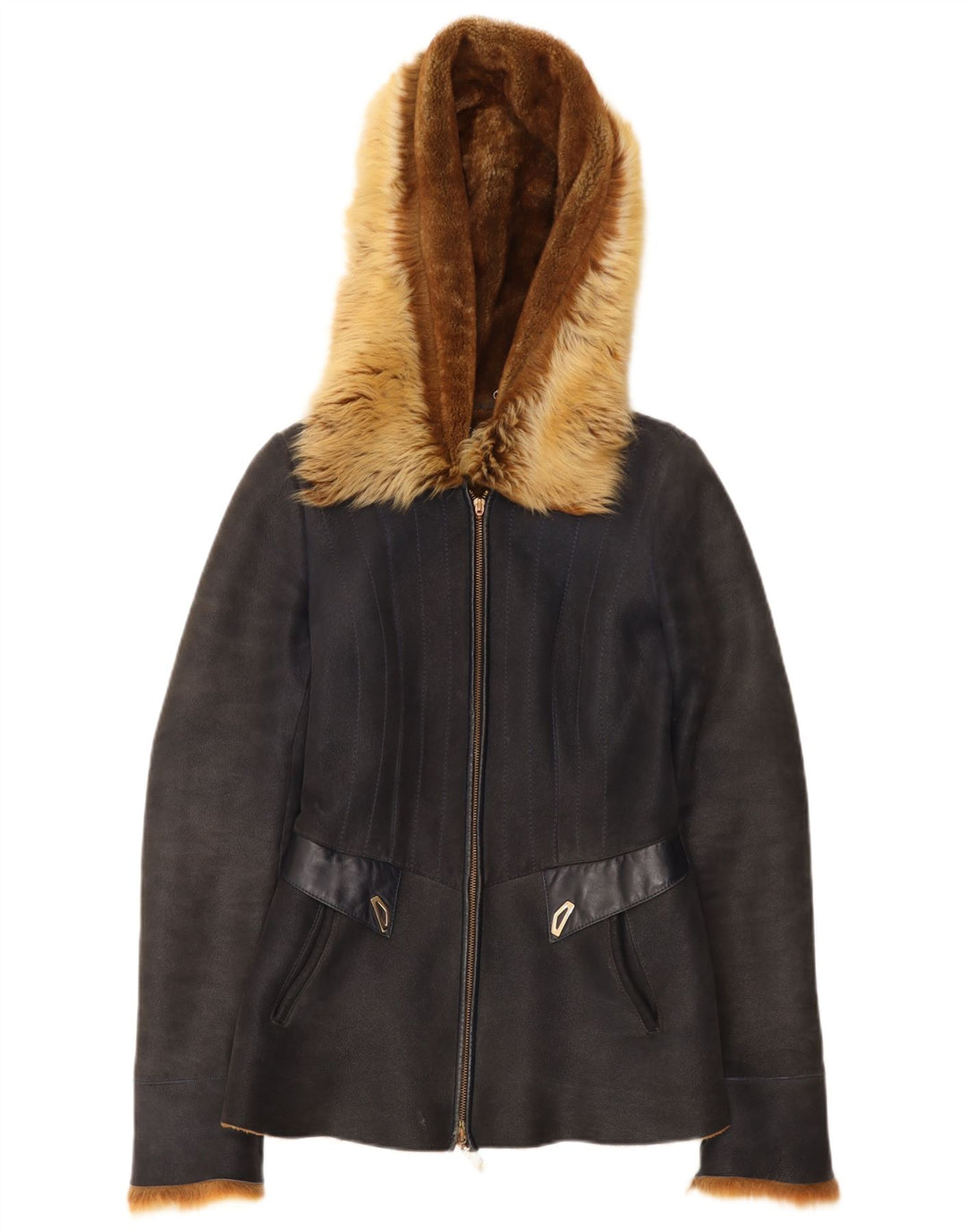 Giubbotto in shearling con cappuccio da donna vintage EU 38 medio in pelle blu navy