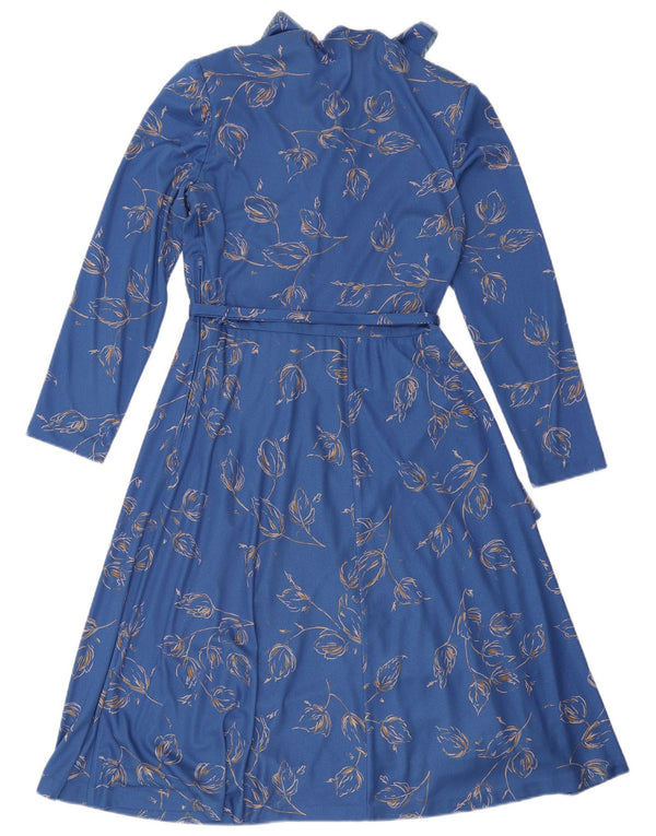 Abito a trapezio a maniche lunghe da donna vintage UK 16 Grande floreale blu