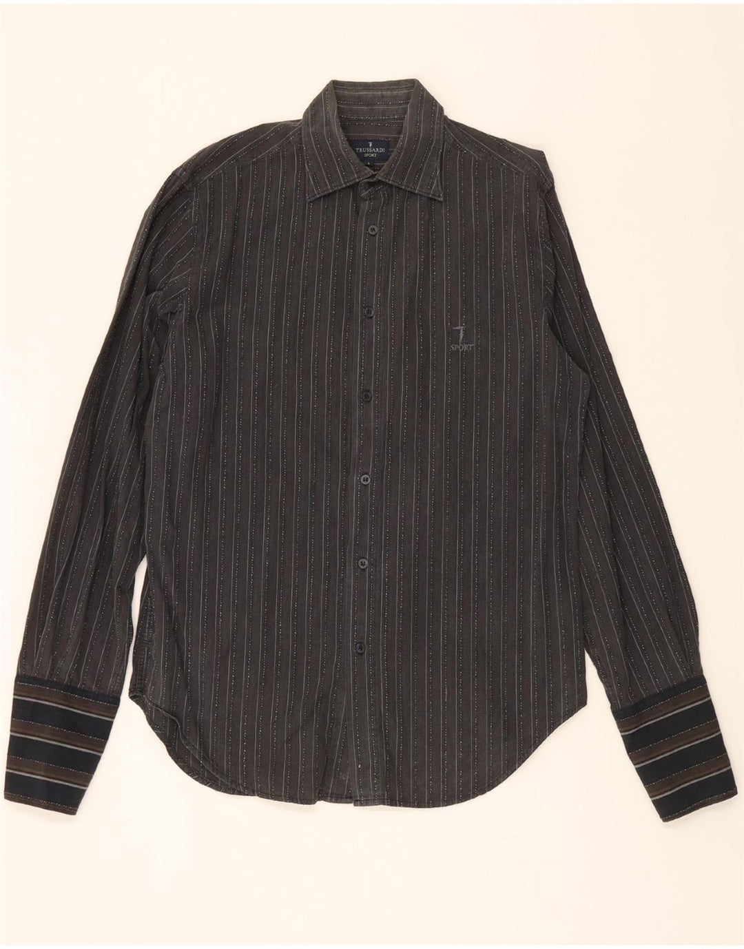 TRUSSARDI Mens Formal Shirt Large Black Pinstripe Cotton Vintage Trussardi and Second-Hand Trussardi from Messina Hembry 