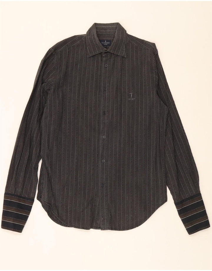 TRUSSARDI Mens Formal Shirt Large Black Pinstripe Cotton Vintage Trussardi and Second-Hand Trussardi from Messina Hembry 